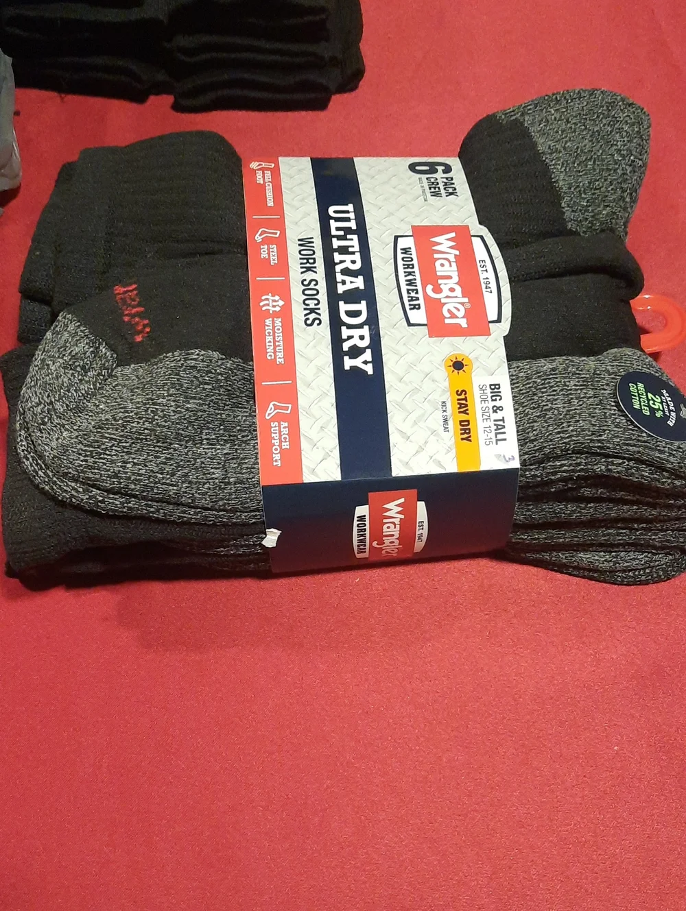 Wrangler Ultra Dry Crew Work Socks - 6 Pack Shoe Size 12-15 For Steel Toe